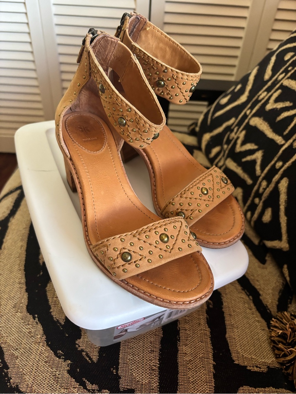 Frye Tan Studded Leather Ankle-Strap Block Heels